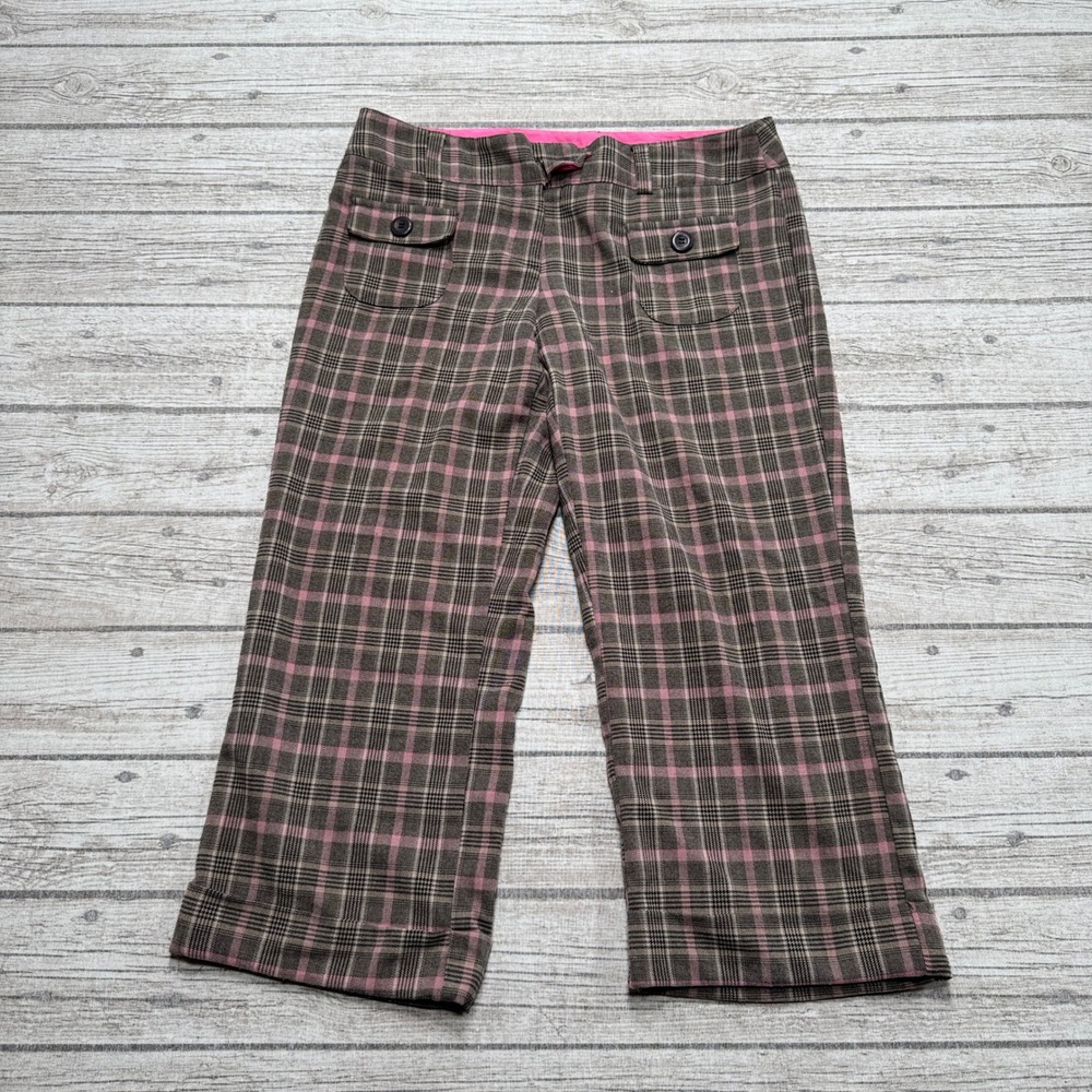No Boundaries Pants Junior's 9 Brown Pink Stretch Plaid Cropped Relaxed Trousers
